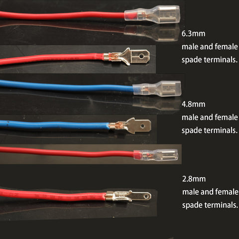 Feggizuli spade terminals kit with insulated sleeves on red and blue wires; 6.3mm, 4.8mm, 2.8mm male and female crimp terminals.