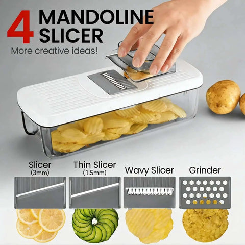 Must Have 8 In 1 Vegetable Chopper And Mandoline Slicer With Container And 8 Blades For Onion Veggie And Fruit Dicing Slicing Julienne Grating Crinkle Cut Easy Food Slicer Dicer Cutter Kitchen Gadget Essentials with hand slicing potatoes into clear container