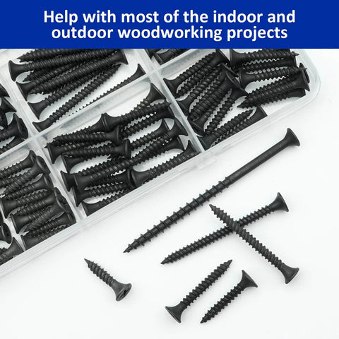 Drywall Screws Assortment Kit With 166 Pieces, Six Sizes From 3/4 In To 3 In, Black Coarse Thread Phillips Drive