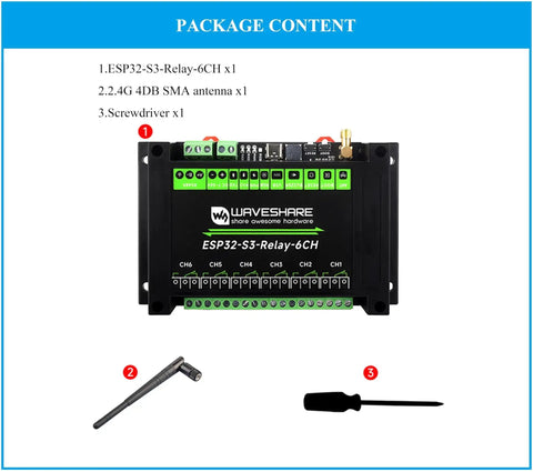 Package contents of 6-Channel ESP32-S3 WiFi Relay Module With Bluetooth And RS485 Control, including antenna and screwdriver.