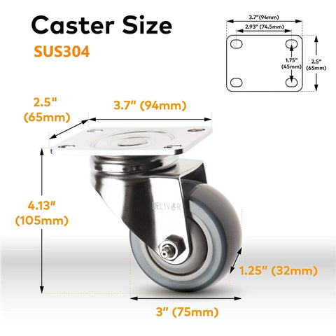 Heavy Duty 3 Inch SUS304 Stainless Steel Swivel Plate Caster With 250 Lbs Load Capacity Per Caster Industrial Grade Non Marking Polyurethane Wheel For Furniture And Carts Thick Plate And Double Raceways For Long Life dimensions and features diagram