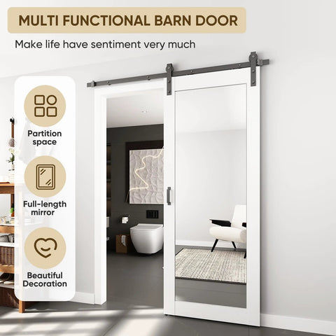 32 Inch By 84 Inch Mirror Barn Door With 5.5 Foot Sliding Hardware Kit Included No Assembly Required White One Lite Full Length Mirror Door Built Tough Solid Wood With Waterproof PVC Surface, installed view, reflects room
