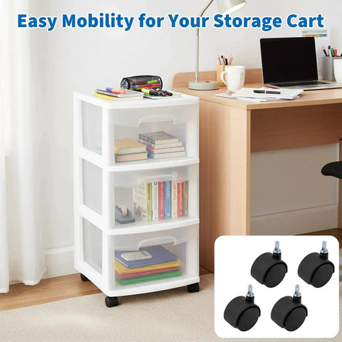 4 Pack Swivel Caster Wheels For Sterilite 3 Drawer Cart Replacement 1.5 Inch Nylon Wheels With M6 Circlip Stem installed on cart
