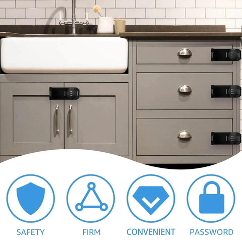 Keyless 3 Digit Combination Lock With Rotary Hasp for cabinets, showing locks installed on kitchen drawers and cabinet door, durable zinc alloy.