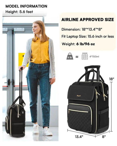 Woman with Arcoyard Rolling Backpack With Wheels For Women, 2 In 1 Vertical And Horizontal Storage, in airport terminal.