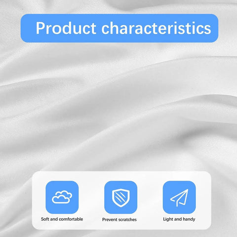 Close-up of white microfiber cloth texture with product characteristics: soft, scratch prevention, and lightweight, for 80 Pack Microfiber Cleaning Cloths For Glasses And Lenses 5.5 By 5.5 Inches.
