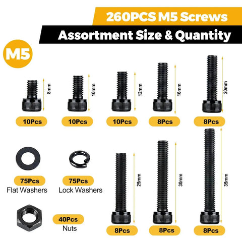 260 Piece M5 Screw Kit With Bolts Nuts Washers And Hardware Set, 12.9 Alloy Steel Plated Hex Socket Head Screws M5 Lengths Display