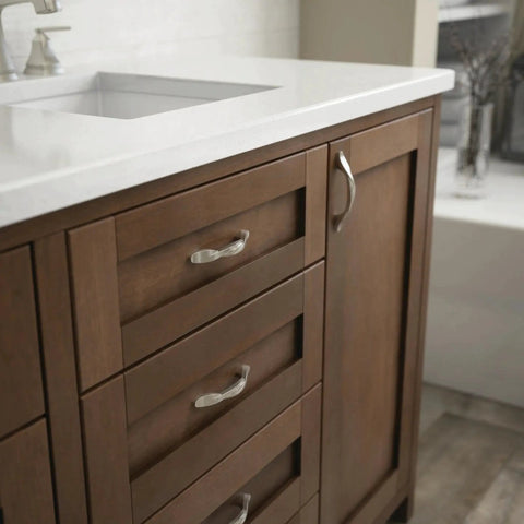 10 Pack Satin Nickel Cabinet Handles 3 Inch Hole Center Classic Pulls installed on wooden bathroom vanity cabinet and drawers.