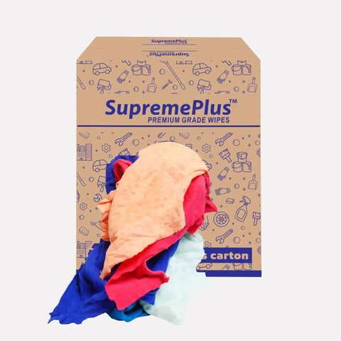 Colorful Recycled Cotton Rags For Home And Shop, Extra Absorbent 50 Lb Box Of T Shirt Scraps In Front Of Packaging