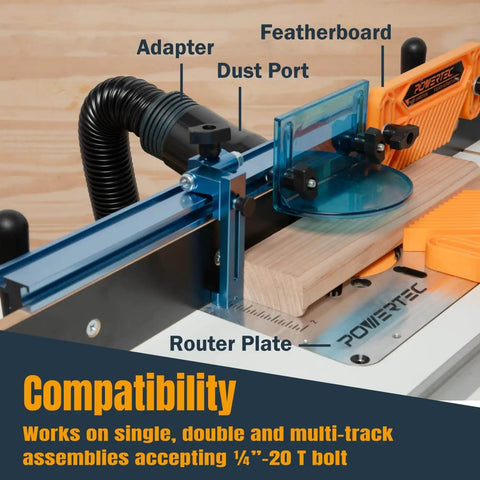 1 To 3-1/2 Inch Adjustable Heavy Duty Flip Stop With Curved Base T Track Stop for woodworking, shown installed on router table.