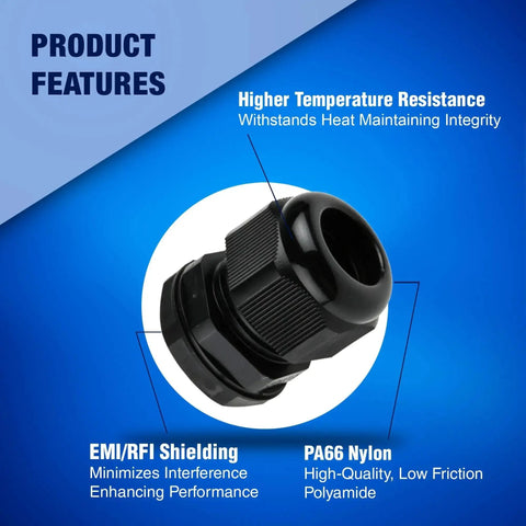Tough as Nails PG Cable Glands Kit With KableLock Tech For PG7 To PG19 Black Nylon Cord Grip Strain Relief highlighting features
