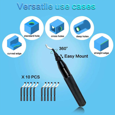 13 Piece Deburring Tool Set With Swivel Head And 2 Countersinks And 11 HSS Blades For Metal Plastic PVC Copper Resin And 3D Printed Edges Plus Dual Hardened Reamers HRC 62 64 For Burr Busting And Precise Removal In Plumbing And 3D Printing displayed with usage icons and blades.