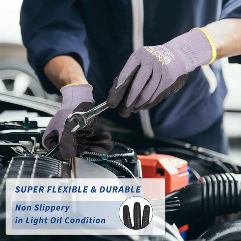 Person using MicroFoam Nitrile Coated Work Gloves With Dot Grip For Dexterity 6 Pairs while fixing a car engine