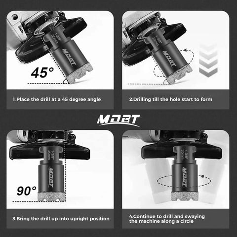 Two Pack Diamond Core Drill Bits Six Millimeter One Quarter Inch Diameter For Porcelain Ceramic Tile Marble Brick with Vacuum Brazed Five Eighths Inch Thread for Angle Grinders and Wet Polishers Tile Hole Saw Kit process steps