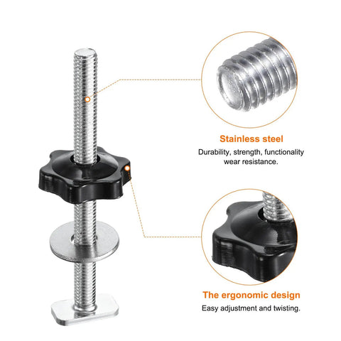 Close-up of 5 Piece T Track Bolts And Knob Kit For Woodworking Jigs And Fixtures M8 X 100mm, with brass plastic knob and stainless steel bolt.