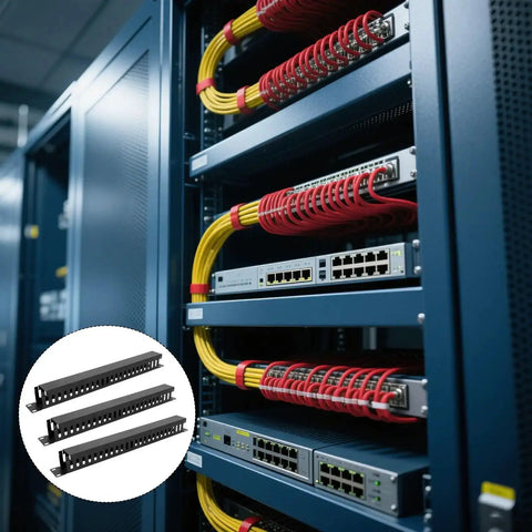 Server room with network cabinets and 10 Pack 19 Inch Cable Management Panels With Covers And Screws For 1U 24 Slot Rack Mounts