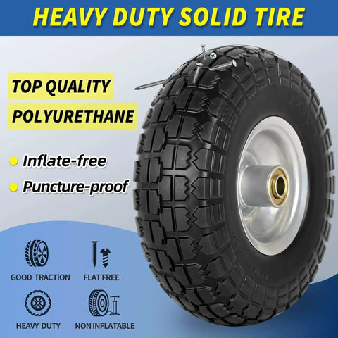 Flat Free 10 Inch Tire And Wheel 4.10/3.50-4 for Hand Trucks, Garden Carts, and Dollies, showing polyurethane tread.