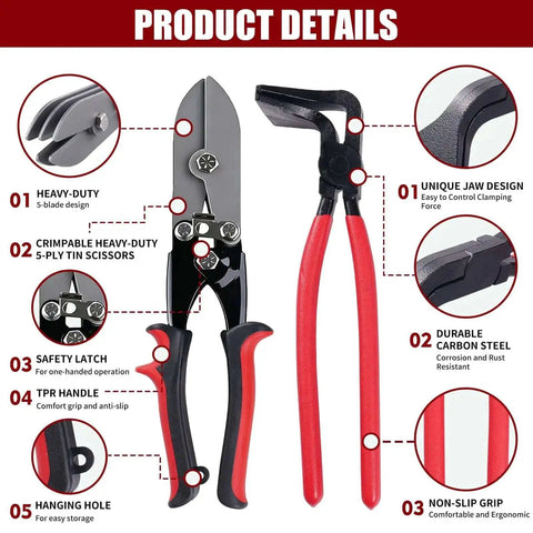 Sheet Metal Tools Set For DIY And Home Projects With Ten And A Half Inch Five Blade Crimper And Three Piece Hand Seamers