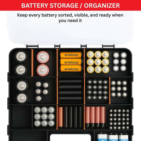 Top view of battery storage organizer with various batteries neatly sorted into compartments