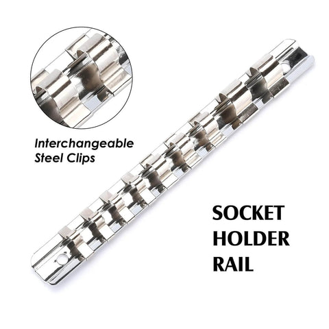 Socket holder rail with interchangeable steel clips, designed for Low Profile Impact Triple Square Socket Set, M4-M18, 9-Piece.