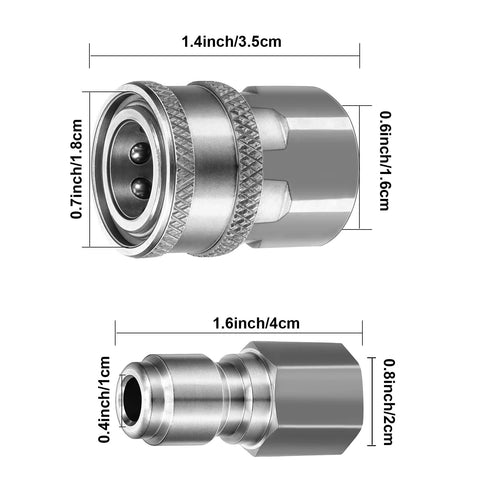 Stainless steel 3/8 in NPT quick-connect adapters for pressure washers, male and female, 4-set kit; front and side views.