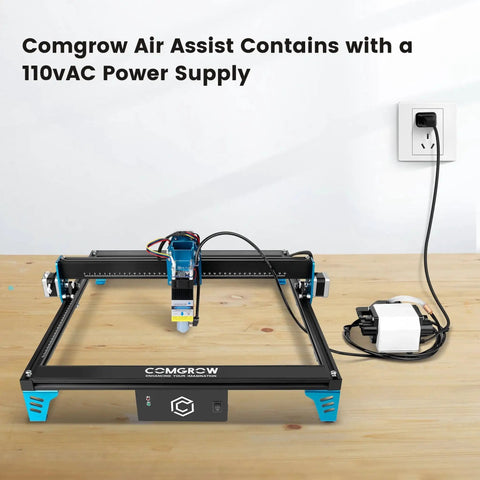 Air Assist Pump Kit For Laser Cutter, Engraver, And CNC Systems With Adjustable 30 LPM Flow To Eliminate Smoke And Dust, Comgrow Compatible installed with 110VAC power supply on a wooden table surface.