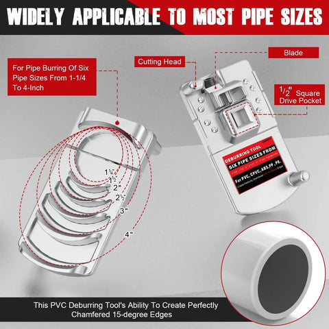 Professional Plastic Pipe Deburring Tool For PVC Chamfer Edges Smooth Every Time Six Size Range From 1 And A Quarter Inch To 4 Inches Rugged Workhorse Pro Grade Plumbing Tool For Quick Clean Pipe Edges with cutting head and blade