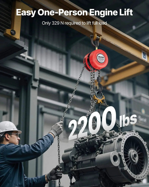 1 Ton Hand Chain Hoist With 10 Ft Lift Height And Galvanized G70 Chain lifting engine in garage workshop, 2200 lbs capacity shown