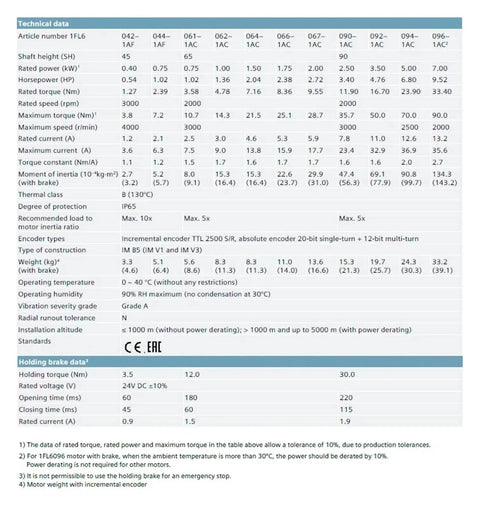 CHUNYE S-1FL6 servo motor data sheet with holding brake, model 1FL6067-1AC61-0AB1, technical specifications table.