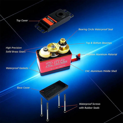 Two Pack 20Kg Digital Servo Motor Beefy Torque Full Metal Gear Waterproof for RC Model DIY DS3218MG with labeled parts diagram