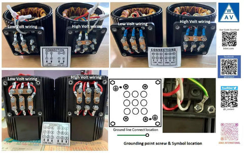 Electrical wiring diagrams for high and low voltage connections on coolant pump, with QR codes and symbols for installation guidance.