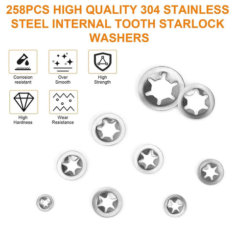 Image of Internal Tooth Star Lock Washers Kit Pack With 258 Pieces In 8 Sizes M2.5 To M12 304 Stainless Steel Quick Lock Washers.