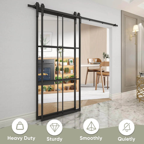 Bypass Double Glass Barn Door 84 By 84 Inches With 7.5 Foot Side Mounted Hardware Kit installed in living room view.