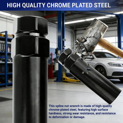 Go To Heavy Duty Large 6 Spline Lug Nut Socket with hammer demonstrating durability in automotive workshop
