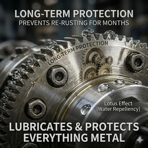 Two Pack 6.1 Ounce Anti Rust Lubricant And Rust Remover Spray For Metal Tools Vehicles Hinges Bolts Chains And Stuck Parts Fast Acting Penetrating Oil That Removes Rust And Provides Lasting Lubrication with metal gears close-up showing lubrication effect.