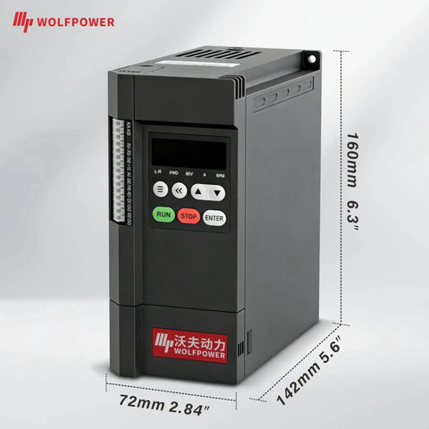 0.75KW To 2.2KW VFD Variable Frequency Drive 220V with front view showing dimensions and control panel, branded Wolfpower