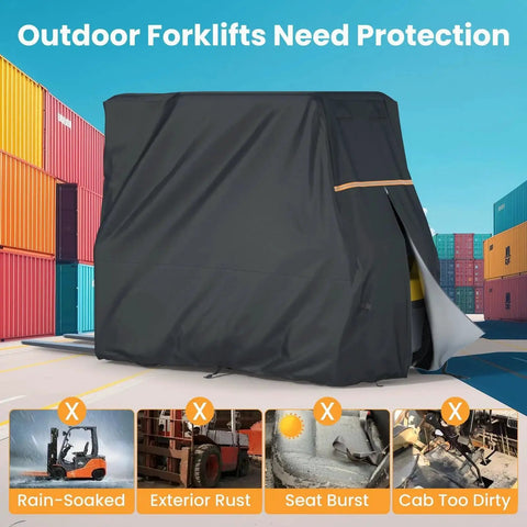 All Season Forklift Cab Cover 3000-5000 Lb Waterproof 420D UV-Proof 102x45x82 In displayed over a forklift outdoors