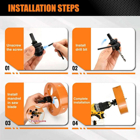 Installation steps for the 6 1/4 Inch Bi Metal Hole Saw Kit For Recessed Lights Can Lights Wood Drywall And Metal Luckyway Includes Arbor Dust Bowl Drill Bits And Hex Key For Durable Fast And Clean Cuts, including unscrewing the screw, installing the drill bit, installing the mandrel in the saw blade, and completing the installation.