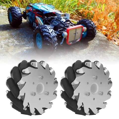127mm Omni Directional Wheel Set For DIY Education Robot Car Kit with 12 rubber rollers, shown with model car, 45kg load capacity.