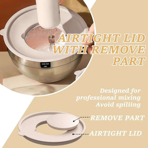 Mixing bowl with airtight lid in use, part removed for mixing; part of 26 Piece Stainless Steel Mixing Bowls Set With Airtight Lids And Grater Attachments Non Slip Bottoms Khaki Kitchen Gadgets For Meal Prep Storage Cooking And Serving Includes 1 Qt 1.5 Qt 2 Qt 2.5 Qt 4 Qt 7 Qt Bowls.