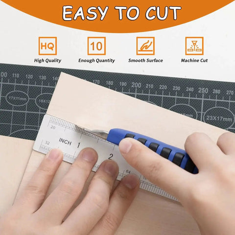 20 Pack 4x8 Inch Basswood Sheets One Eighth Inch Thick Unfinished Plywood being cut with a blade and ruler.