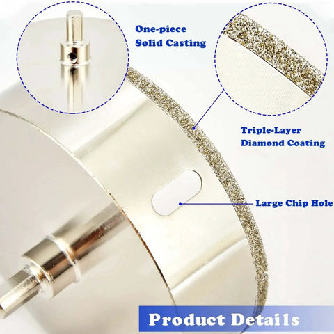 1 Inch Diamond Hole Saw With Pilot Bit For Tile Marble Granite Ceramics And Porcelain Tiles Deep Cut One And A Half Inch Depth Center Drill Bit Triangular Shank Kit showing close-up of diamond coating and solid casting