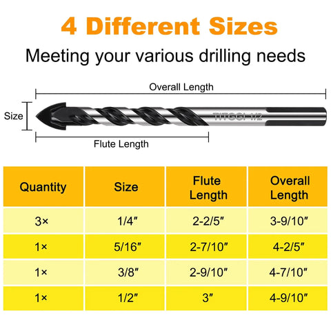 Pro Grade Six Piece Concrete And Masonry Drill Bit Set with Industrial Carbide Tips showing various sizes and lengths chart.