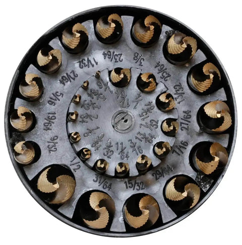 Gold Stepped Point Cobalt Drill Bit Set 29 Piece With Gold Oxide Finish For Quick Drilling In Acrylic Steel And Hard Metals In A Round Case
