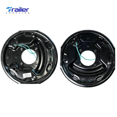 Two black 10x2-1/4 self-adjusting electric brake assemblies for 3,500 lb axles, four-bolt mount, teal wires