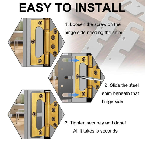 Installation guide for Door Hinge Shims 0.035 Inches, 15 Pack Laser Cut Stainless Steel Kit with brushed silver finish.
