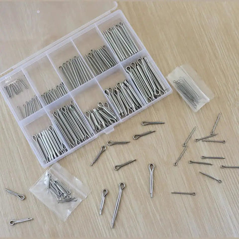 150 Pcs 304 Stainless Steel Cotter Pins Assortment Kit With 15 Sizes Split Pin Fasteners For Automotive Mechanics And Small Engine Repair A Handy Must Have Fix It Kit For DIYers. Organized in a plastic case on a table.