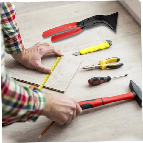 Person measuring wood with tools including a 45 Degree Sheet Metal Bender Hand Seamer With Non Slip Grip Heavy Duty High Carbon Steel Pliers