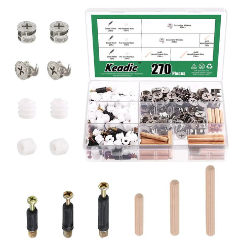 270 Piece 3 In 1 Cam Lock Nuts And Wood Dowel Pins Set For Cabinets Drawers Wardrobes And Furniture Panels Includes Connectors Nuts Bolts Screws And Fasteners In Silver displayed in a case
