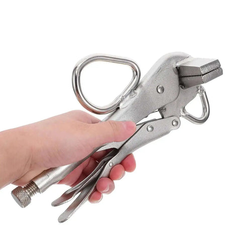Adjustable Auto Body Frame Clamp Locking Pliers With Wide Flat Duckbill for precise welding and dents repair, held in a hand against white background